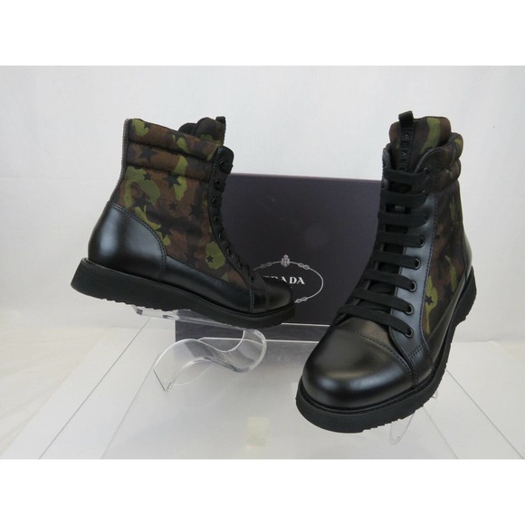 NIB PRADA 0T0782 CAMOUFLAGE GREEN LEATHER CAP TOE LACE UP COMBAT BOOTS 37 US 7 - Picture 2 of 12